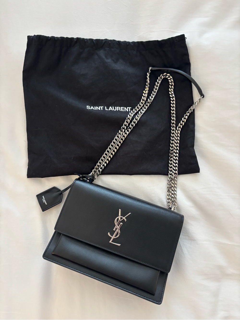 Saint Laurent Black Leather Shoulder Bag with Silver YSL Chain - Picture 2 of 12